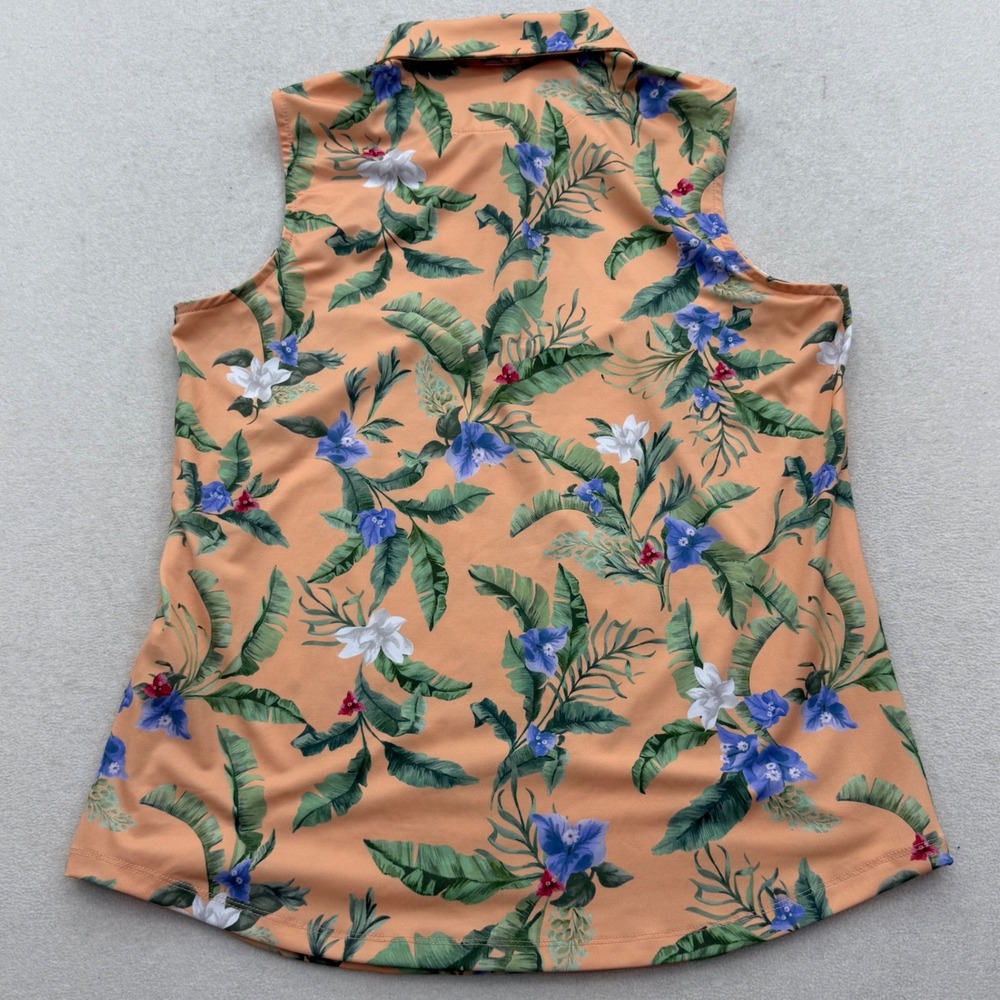 Bad Birdie Womens L Large Flora Fiesta Core Polo SL Sleeveless Golf Shirt Peach - Picture 4 of 4